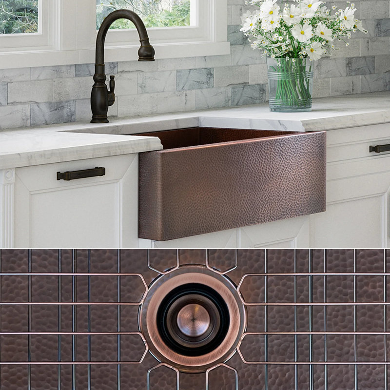 Luxury Heavy 12-Gauge Copper Farmhouse Sink, Includes Accessories, Flat Front