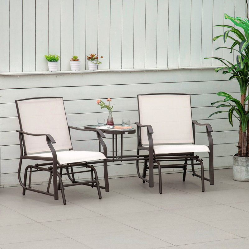Fauteuils à bascule d'extérieur avec table basse, balançoire à bascule 2 places pour terrasse et jardin, beige
