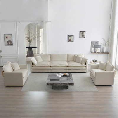 Ensemble de canapé 3, 1 + 1 + 3 sièges, ensemble de canapé de salon, fauteuil d'appoint, causeuse et canapé à trois places, ensemble de canapés à accoudoirs ronds de style moderne 3 pièces, chenille beige