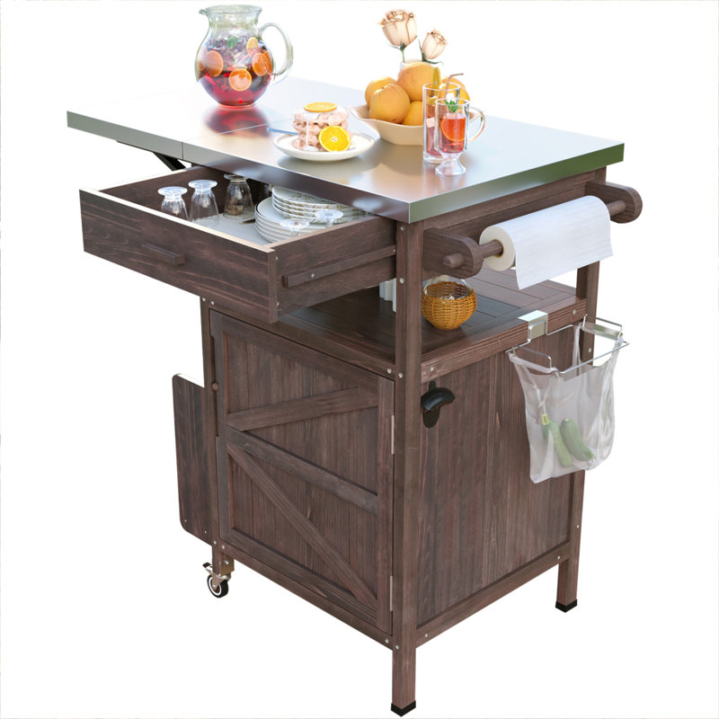 40.5" Outdoor Grill Cart With Stainless Steel Top, Solid Wood Outdoor Storage Cabinet With Drop Leaf, One Drawer, Towel Rack, Rolling Kitchen Cart With Lockable Wheels For Lawn Garden