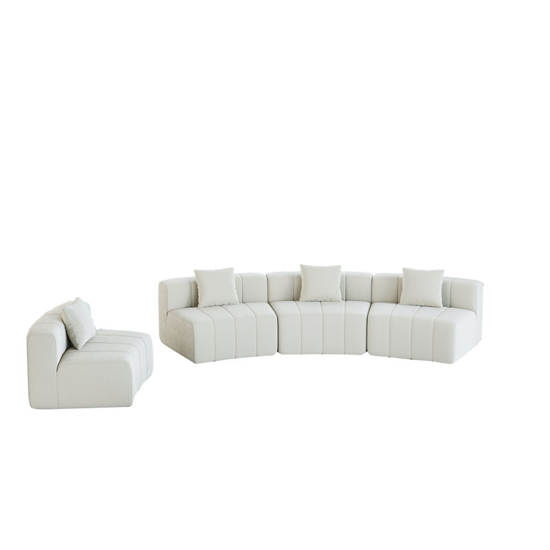 Chenille Curved Sectional Sofa With 4 Pillows, 29" H x 151" W x 33" D, Beige Chenille