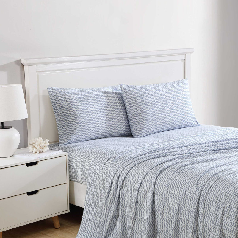 Ensemble de draps en percale de coton 200 fils Bradford, Ensemble de draps pour lit simple TG avec 1 taie d, Bleu vague Ikat