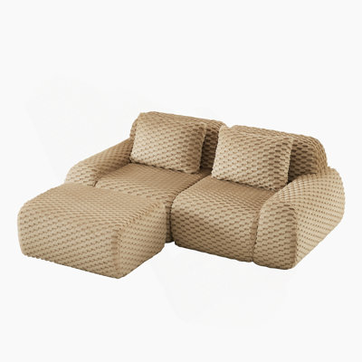 Canapé modulaire en L 82 po pour salon modulaire de 82 po, tissu de flanelle, canapé 2 places surdimensionné, canapé sans os, repose-pieds mobile, connexion à boucle, conception antidérapante, sans assemblage, chameau clair
