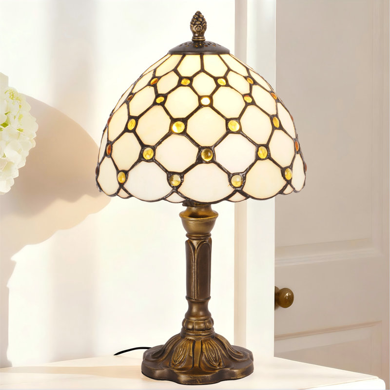 13.4-Inch H  Antique Brass Yellow Beaded Tiffany-Style Table Lamp, Bedside Night Lamp