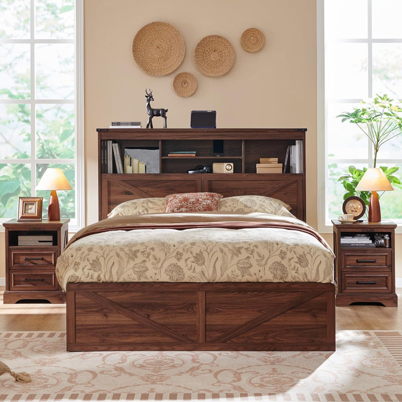 Franzi Farmhouse Full Size Platform Bed with Storage & Charging Station, Wood Platform Bed with Headboard and 4 Drawers,LED Light,No Box Spring Needed