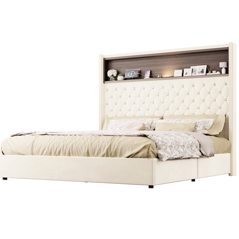 Queen Bed Frame Of Beige Color, 52-Inch High Headboard, Port, Night , And Storage Shelf Size With 52'' Velvet Design, Rivet Decoration, Charging, Function