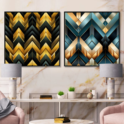 Ensemble de 2 collages carrés noirs et dorés à motif de chevrons glamour