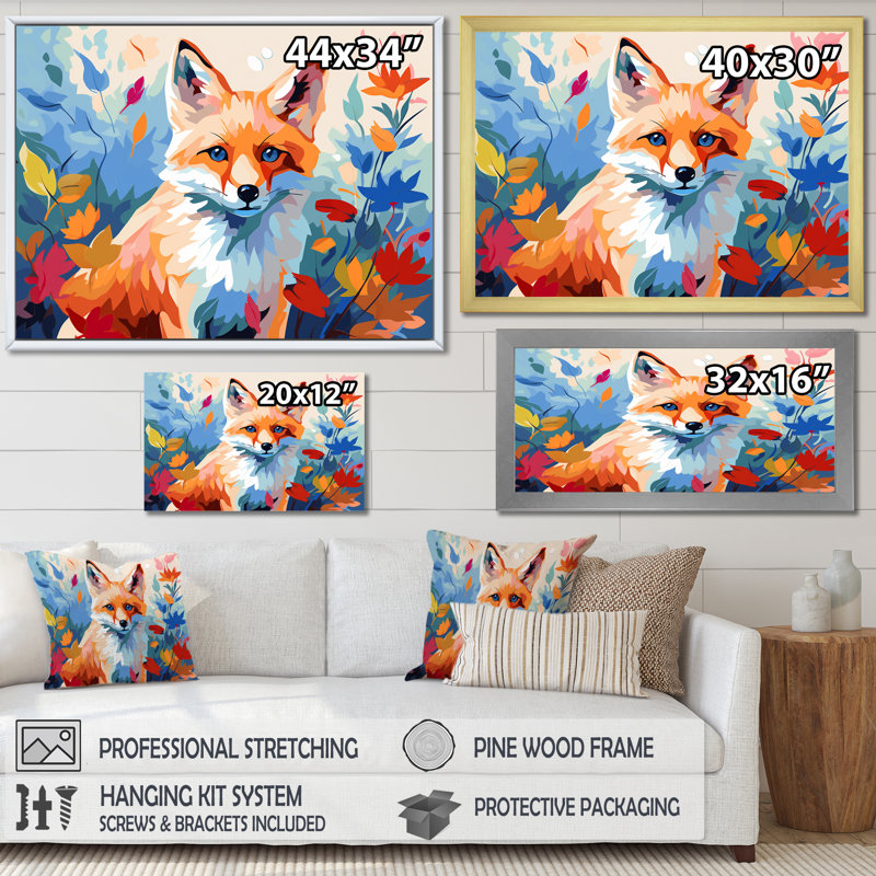 «Orange Foxes Leaf Adventure I», art mural renard, Toile tendue, H 34 po x l 44 po x P 1,5 po