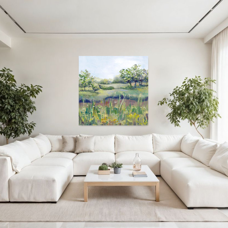 «Tranquil Meadow in Sunlight Abstract Contemporary Landscape Nature», art mural, H 48 po x l 48 po