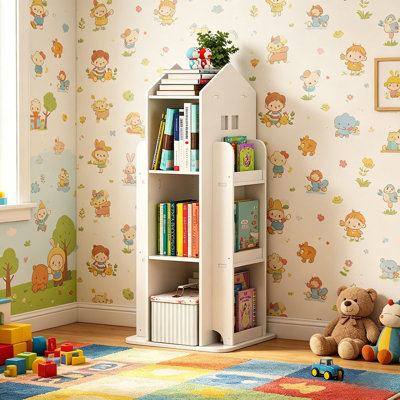White House Shaped Rotating Children’s Bookshelf, 4-Tier 360-Degree Swivel Floor Standing Bookcase with Open Storage