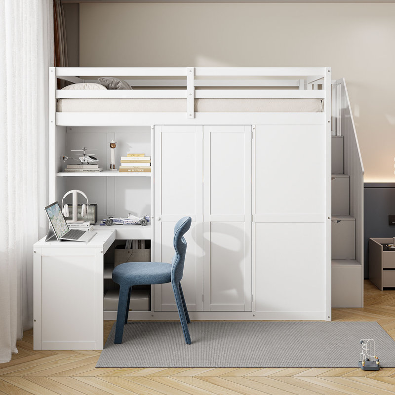 Lit superposé double avec garde-robe, bureau et tablettes, Blanc