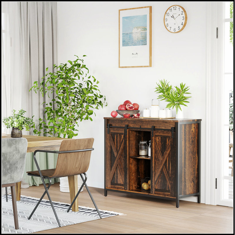 Buffet industriel avec portes de grange coulissantes et tablettes réglables, brun rustique industriel