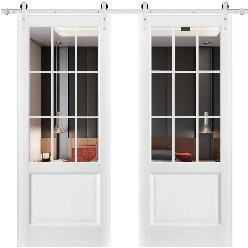 Porte de grange double robuste avec | Felicia 3599 soie blanche avec verre transparent | Ensemble de cintres de rail argentés de 13 pi | Portes intérieures solides