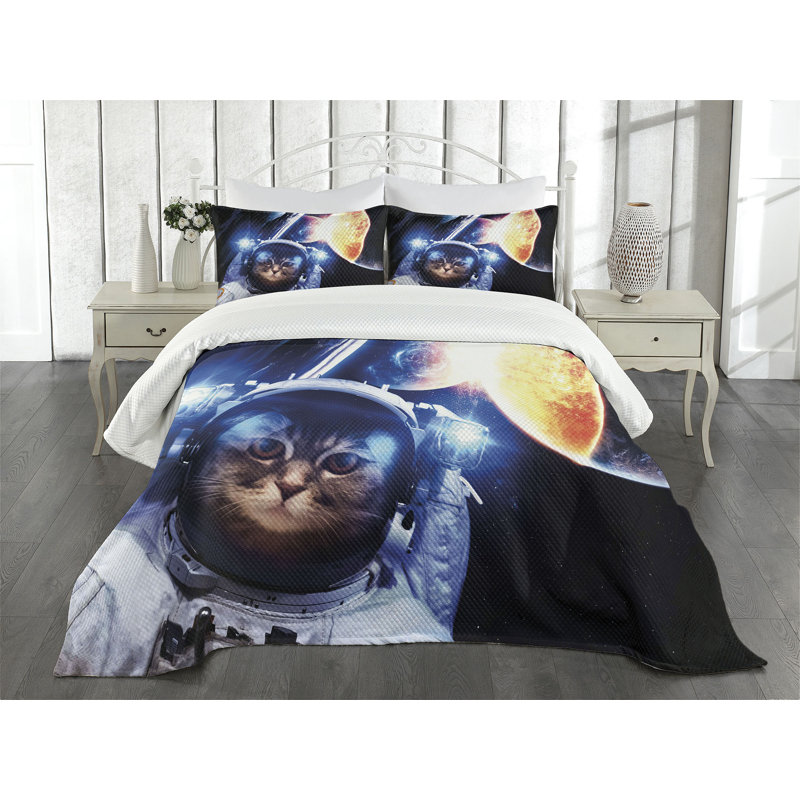 Ambesonne Space Cat Bedspread Set 3 Pcs Supernova Eclipse King Dark Blue Orange