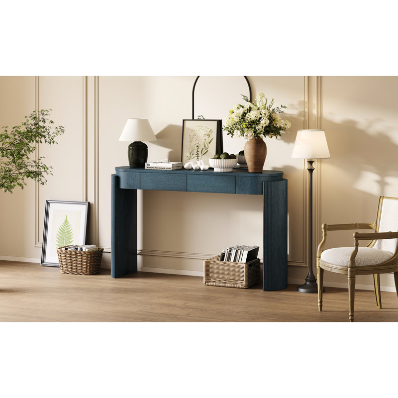 Console d'entrée bleu marine, grain de bois appliqué à la main, deux tiroirs, pieds cannelés, décor industriel