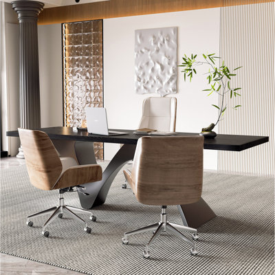 Dark Gray-Black Office Desk with Wavy Metal Frame, Modern Minimalist Solid Wood Table for Study & Reception