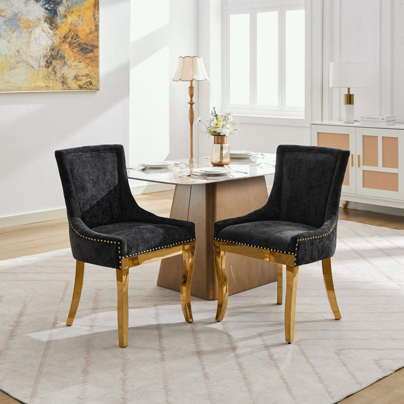 Ensemble de 2 chaises en chenille avec pieds courbés et garniture de rivets, Noir
