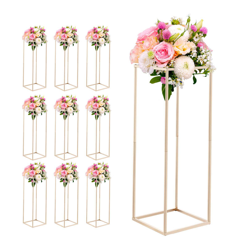 Wedding Flower Stand, 10PCS 31.5-inch Column Flower Stand, Floral Stands with Hidden Screw, Rectangular Cubic Floral Display Rack for Wedding, Party, Birthday, Home, French Gold Stands