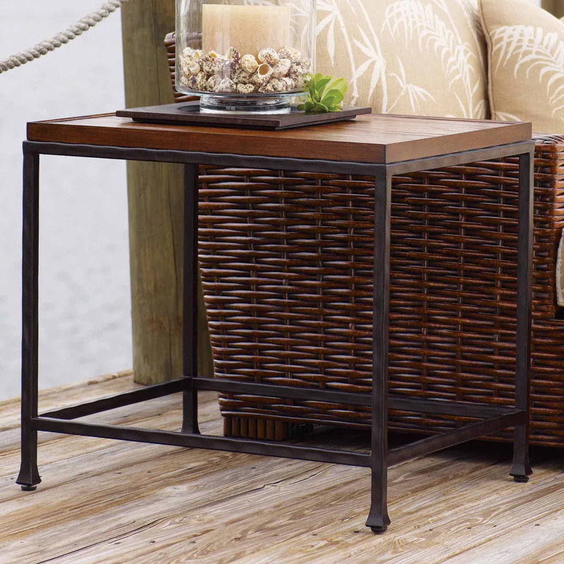 Transitional Brown Wood and Metal Rectangular End Table