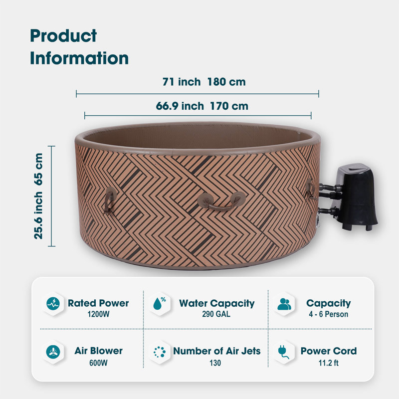 RELXTIME 82 Inch Circular Inflatable Soothing Massage Hot Tub, Energy-saving Insulation Cover, 4-6 People Outdoor Hot Tub With 130 Massage Jets, Floor Mat, 2 Filter Elements, Cup Holder