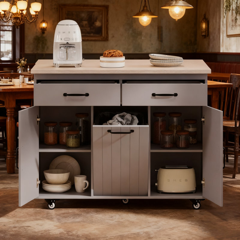 Îlot de cuisine polyvalent à roulettes - poubelle inclinable, abattant, supports à épices / serviettes, tiroirs, tablettes réglables (51,06 po x 20,55 po x 35,04 po) ， Gris