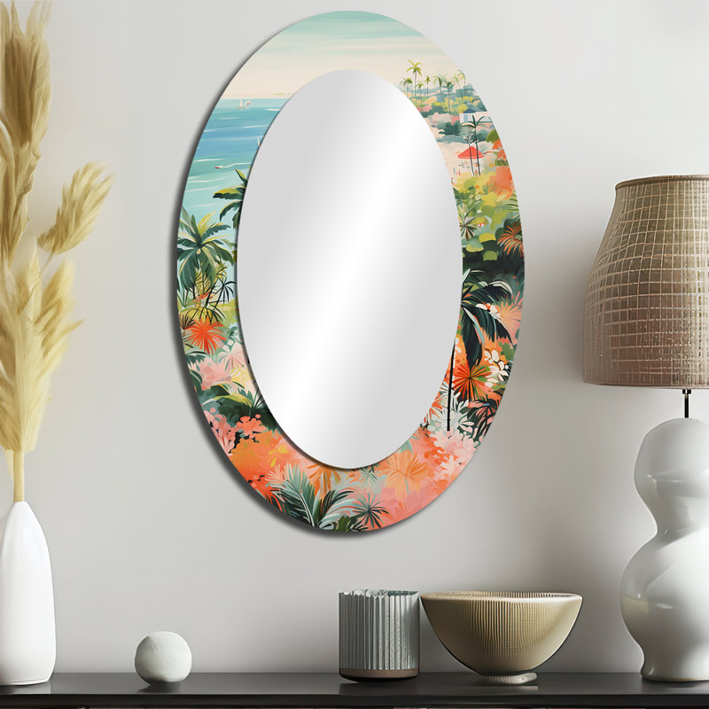 Pastel Color Coastal Beach Scene Paradise III - Pink Coastal Oval Wall Mirror, 36" H x 24" W