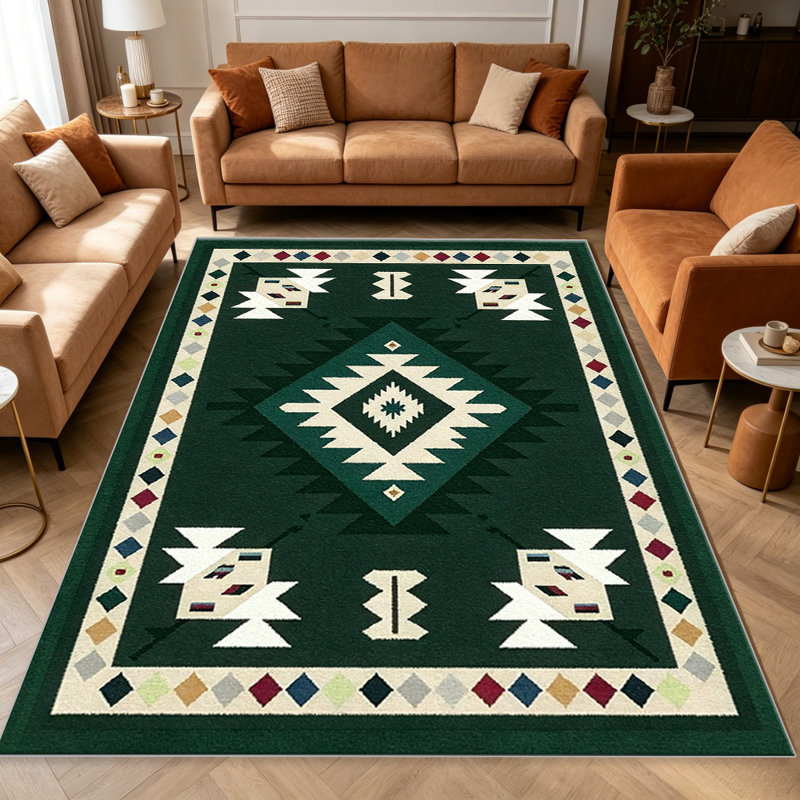 Green Southwestern carpet-easy to clean, machine-washable, soft and comfortable; suitable for door mats, kitchens, living rooms, bedrooms, corridors, and laundry areas. Easy to clean, durable carpet for home decoration.