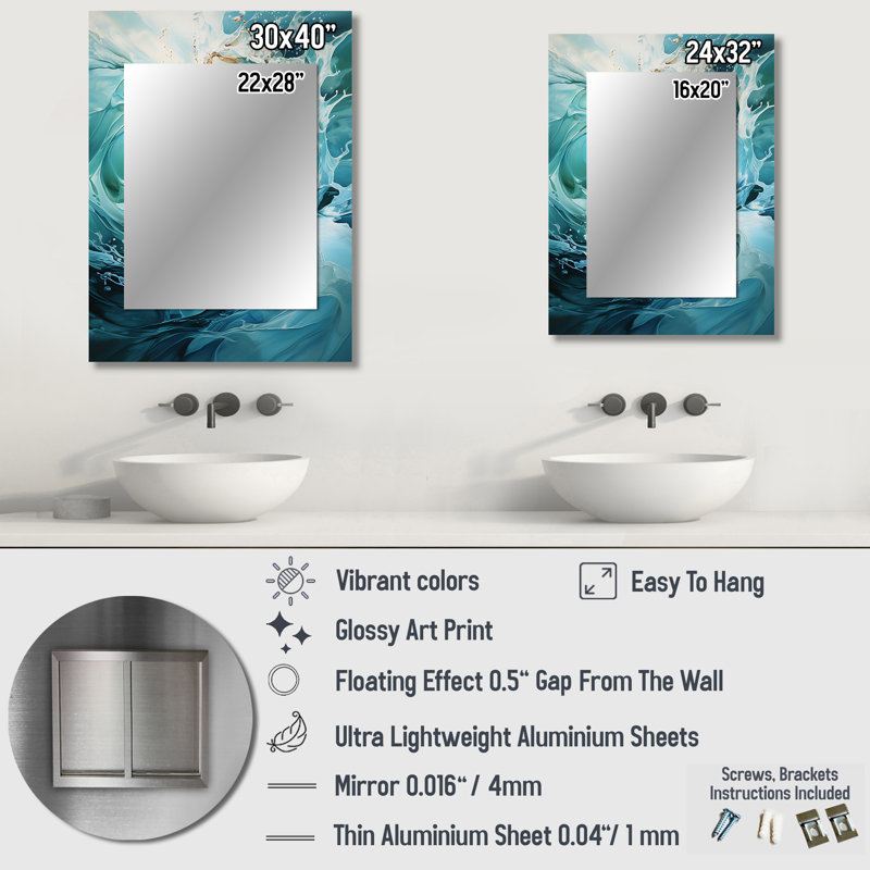 Aqua Blue And White Serenity Swirl - Abstract Spirals Wall Mirror, Blue Decorative Mirror, Printed Metal Art, 32" x 24"