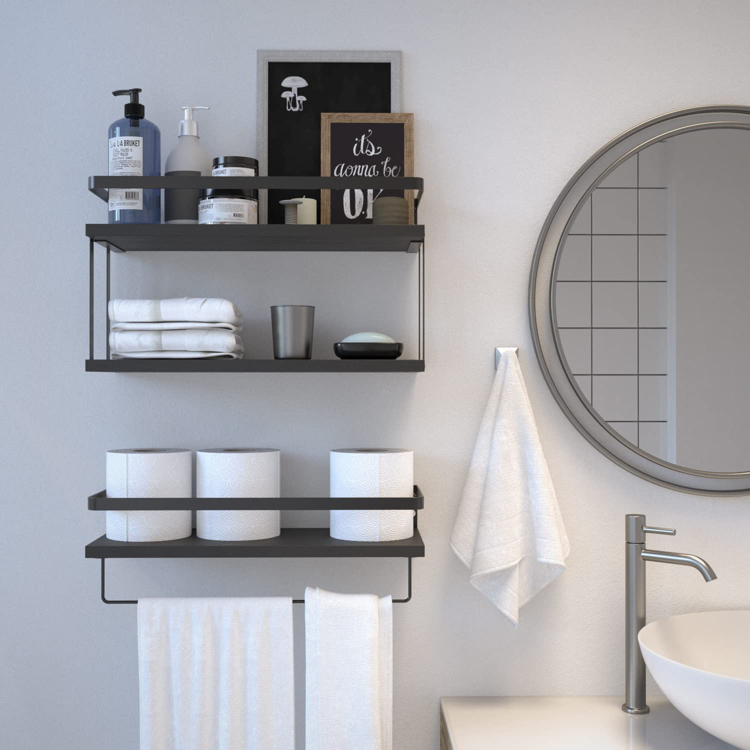 Wall Mounted Whitewashed Wood Bathroom Floating Shelf, 2-Tier Wall