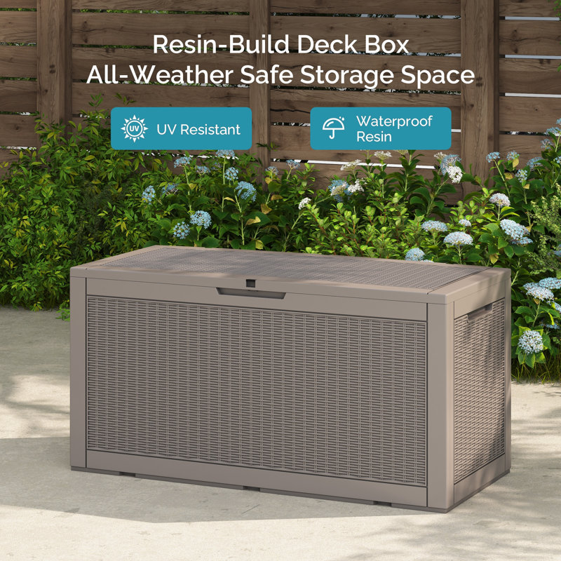 100 Gallon Large Deck Box /Storage Net, Resin Outdoor Storage Boxes, Brown