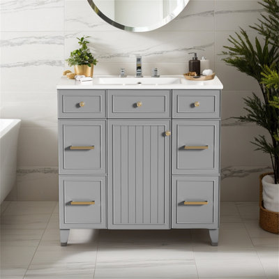 Meuble-lavabo moderne avec lavabo en céramique avec portes à fermeture en douceur, tablettes réglables et 3 tiroirs (y compris le tiroir à double profondeur pour le rangement du sèche-cheveux), bleu