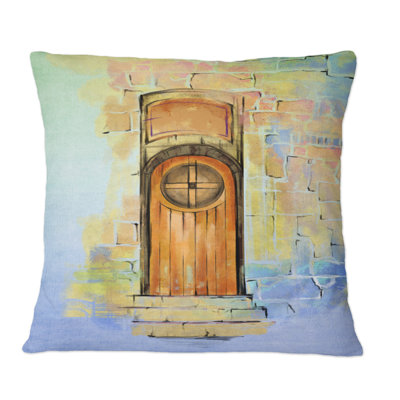 Porte mystérieuse avec mur de pierre colorée I - Coussin décoratif imprimé rétro