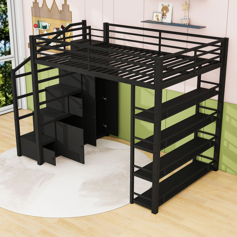 Lit mezzanine double en métal avec tablettes de rangement intégrées, escaliers et armoires