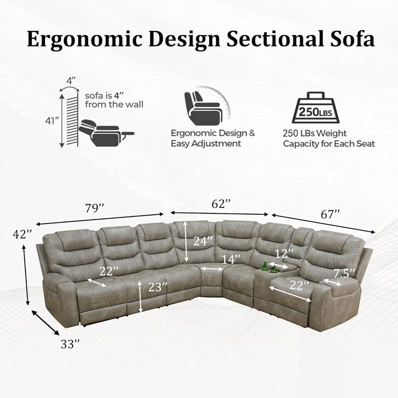 3-Piece Power-Reclining Sectional Sofa With Storage Console, LED Lighting, Cup Holders & USB Charging Ports