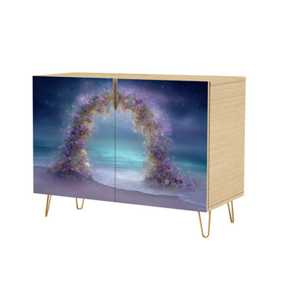 Sideboard Buffet Cabinet with Storage Beach Scene Ocean Starry Sky White Floral Archway with 2 Doors for Living Room and Kitchen