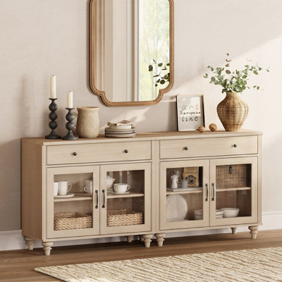 Corretta Sideboard Cabinet With Bar Hutch, 68" Farmhouse Sideboard Credenza For Dining Room, Modern Kitchen Buffet Cabinet, Large Storage Cabinet With Glass Doors And Wooden Drawer, Beige