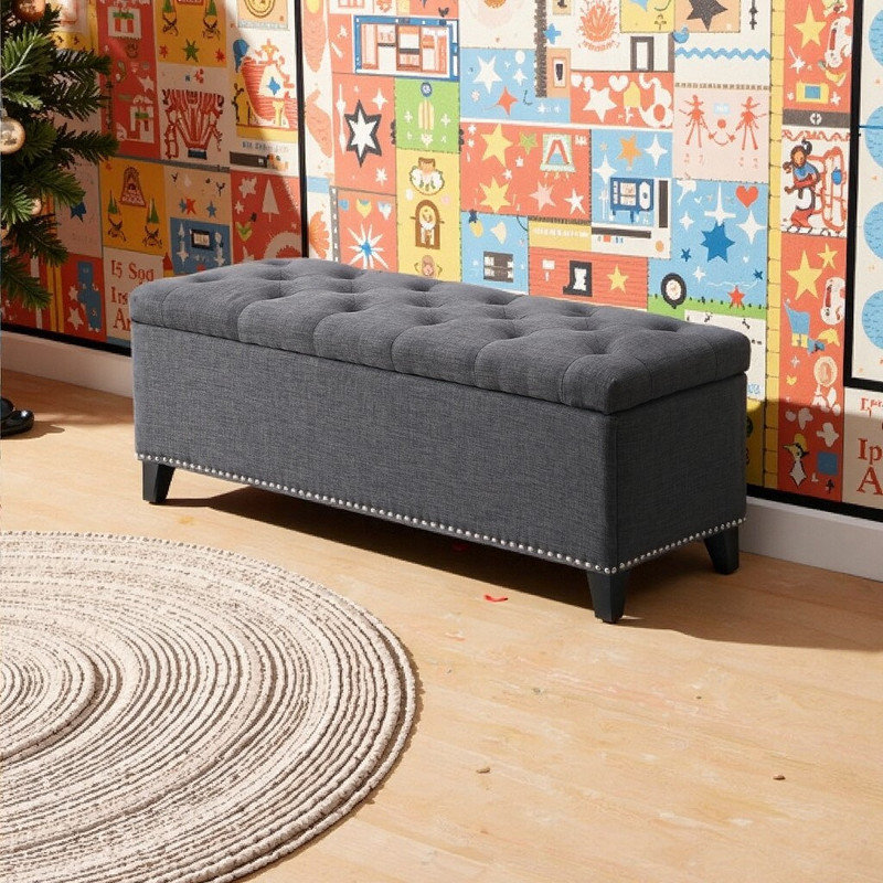47.5" Button-Tufted Storage Ottoman Bench With Safety Close Hinge And Support Up To 500Lbs, Gray
