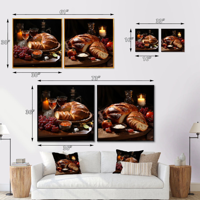 Judaïsme challah traditionnel - ensemble de 2 collages carrés, Cadre flottant noir, H 36 po x l 73 po