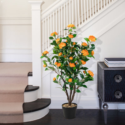 40" Artificial Camellia Tree Faux Flower Plant Artificial Tree in Cement Pot Greenery Potted Plant