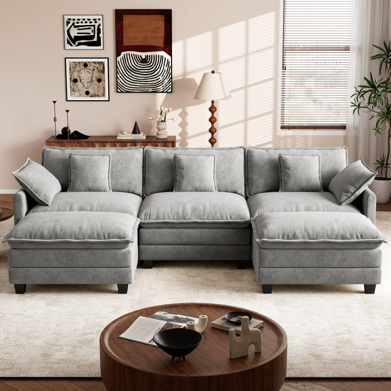 George 111.5" Modern 5 Seat Chenille U Shaped Modular Sectional Sofa With Two Ottomans, Gray