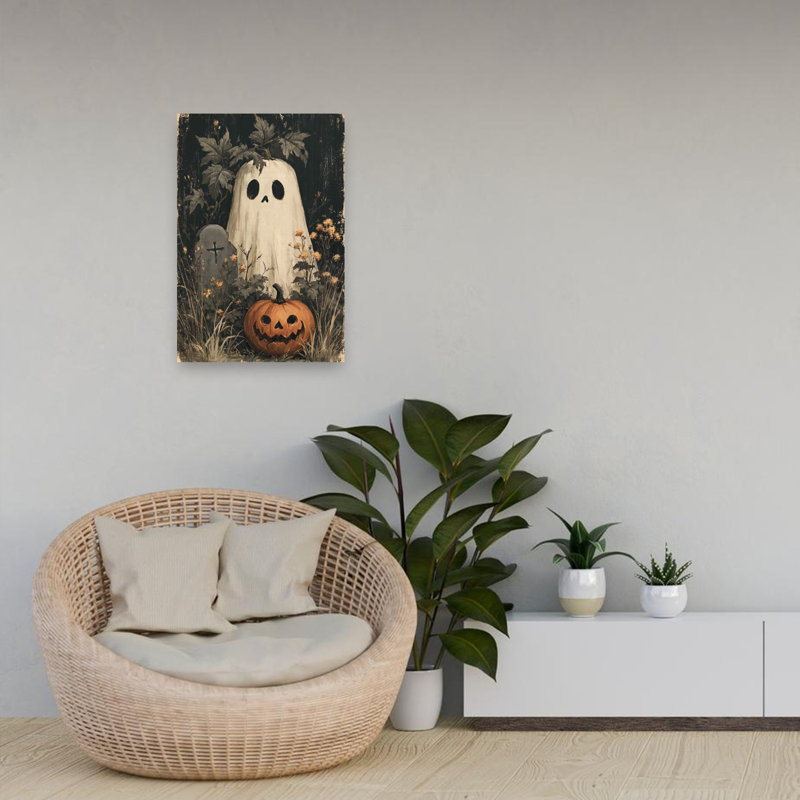 Affiche murale automnale vintage rustique avec citrouille fantôme d'Halloween, H 24 po x l 16 po