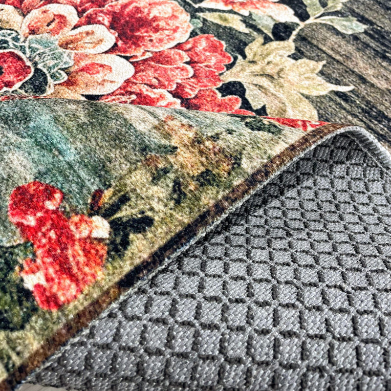 Vintage Look Eilette Pink Blue Red Floral Cotton Chenille Area Rug, Runner 5'3" x 11'6"