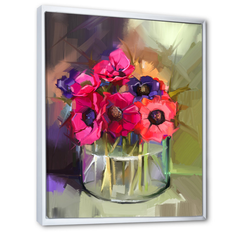 «Paint Brush Pink Spring Flowers Vase» - Art mural sur toile traditionnel, H 20 po x l 12 po x P 1 po, Cadre flottant blanc