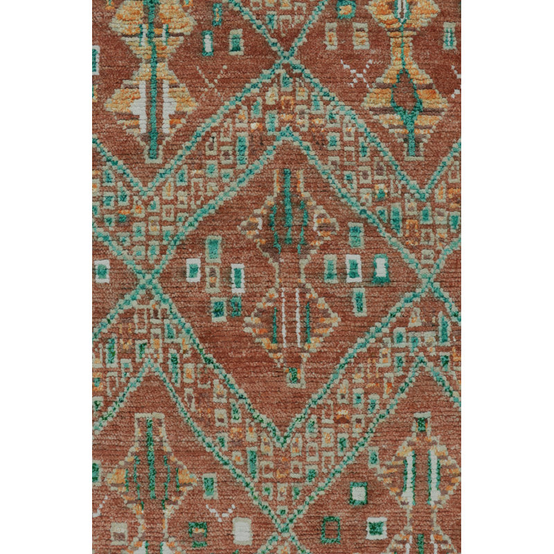 Moroccan Hand Knotted Geometric Area Rug in Red, Green, Orange, Teal, Rectangle 8' x 10'