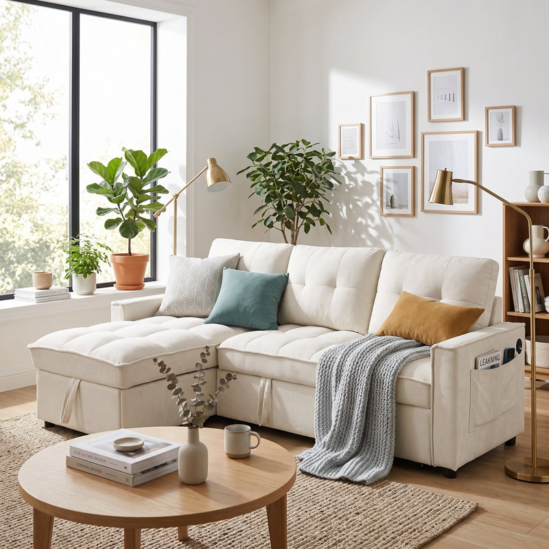 Canapé modulaire inclinable avec lit escamotable Lesniak, Beige
