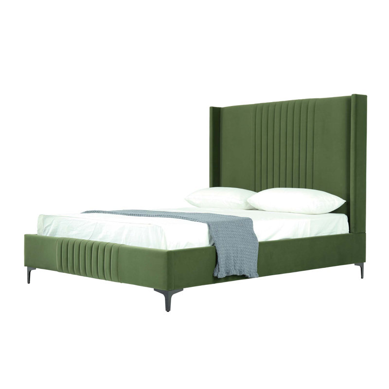 Promenade Mid-Century Modern Velvet Upholstered Eucalyptus Wood Platform Bed in Moss Green, Queen, Moss Green
