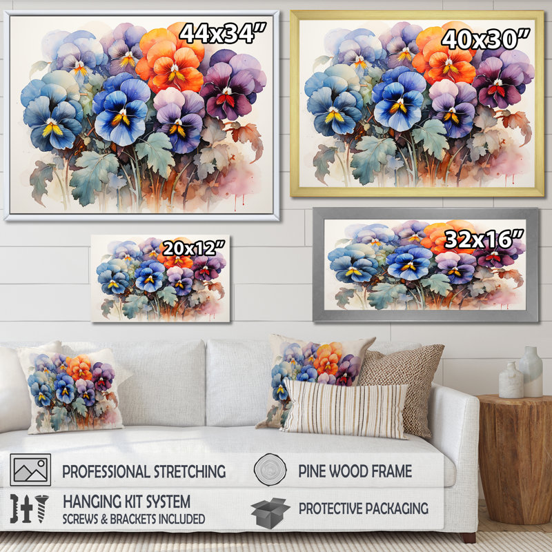 Vibrant coloré Pansy Medley sur impression sur toile, Encadrement doré, H 16 po x l 32 po x P 1 po
