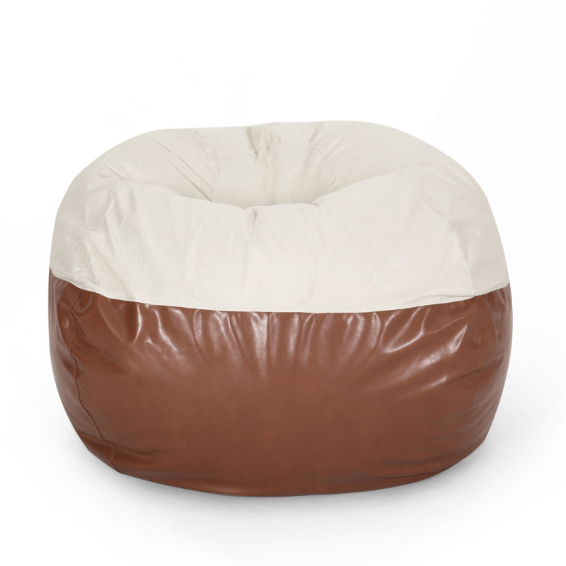 Maxi 5 Foot Two Color Fabric And Faux Leather Rounded Bean Bag, Beige And Coffee Brown, Beige/Brown Faux Leather