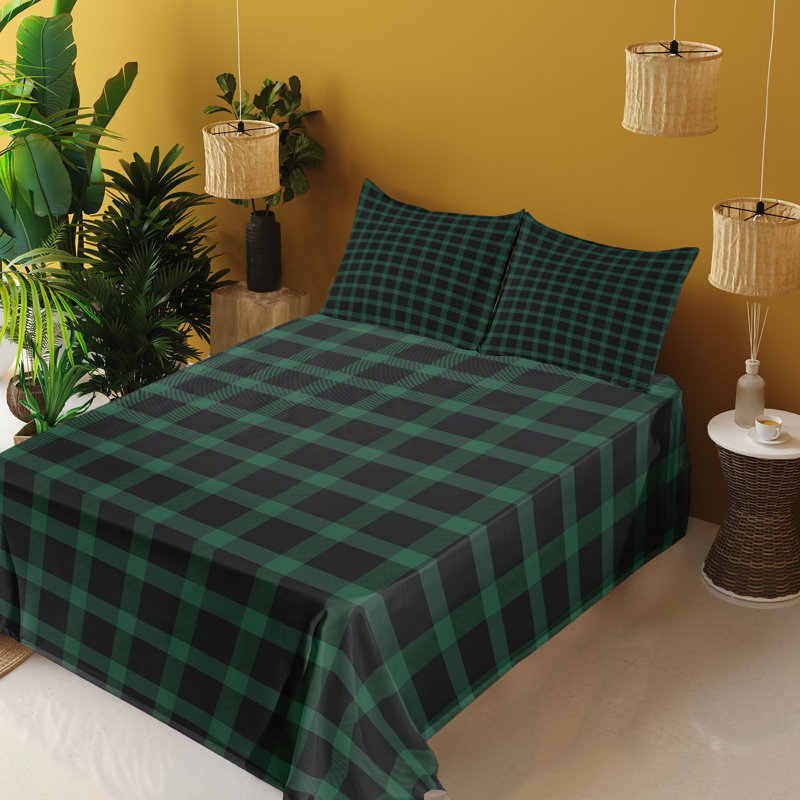 Ambesonne Buffalo Plaid Sheet Set Scottish Christmas Fern Green Charcoal Grey, California King Sheet Set with 2 Pillowcases