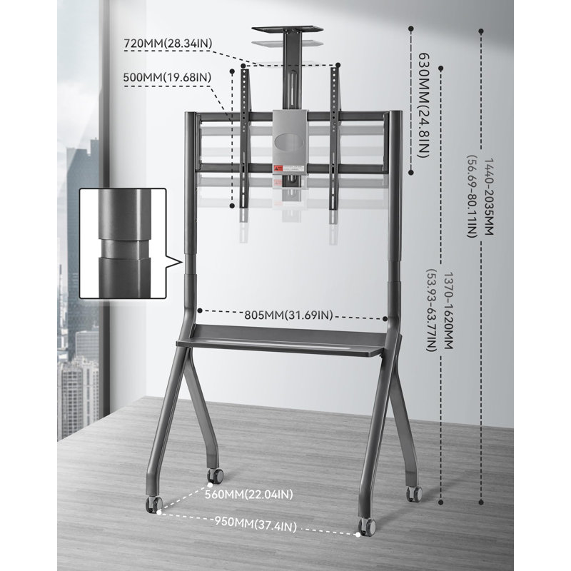 Chariot à tableau blanc interactif ergonomique JYXCN | Cadre télescopique pour roues antidérapantes de 42 à 75 pouces